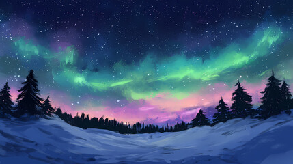 Fototapeta premium The northern lights illuminating the night sky with shades of green, pink, and purple over a snow-covered landscape. Aurorae. Illustration