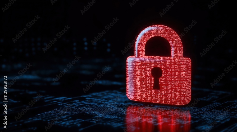 Poster digital padlock symbol glows red with binary code. alert tech warning system. cyber security data pr