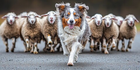 Obraz premium Aussie Sheepdog Herding Sheep on Farm High Resolution Photo