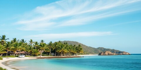 Naklejka premium Luxurious resort with tranquil island beach, swaying palms, and pristine blue ocean, ocean, calm