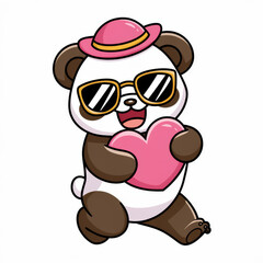 Cartoon panda with heart symbol and trendy accessories. Playful panda illustration for love concept isolated on a white background.