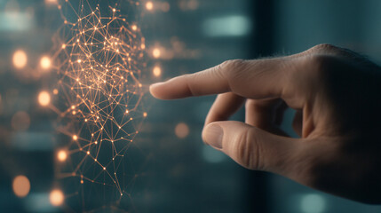 A close-up of a human hand interacting with a holographic interface. The interface displays a complex network of interconnected data points, symbolizing the power of analytics to uncover hidden
