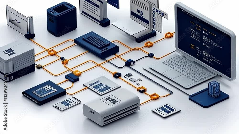 Poster computer workstation with interconnected devices showcasing network architecture and data management