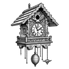 A traditional cuckoo clock with a swinging pendulum, line sketch engraving, white background.