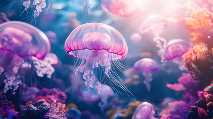 Naklejka premium Sunbeams illuminate a vibrant underwater scene. luminous jellyfish drift amongst colorful coral and rocks, creating a magical, ethereal atmosphere. Drift. Illustration