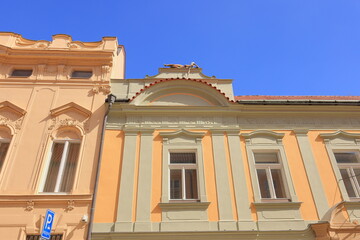 Street view of old historic buildings in Prague Czech (Praha, Czechia)
