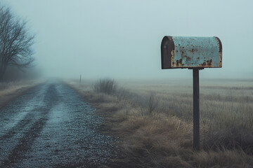 A weathered mailbox stands beside a gravel road in a foggy, desolate landscape.