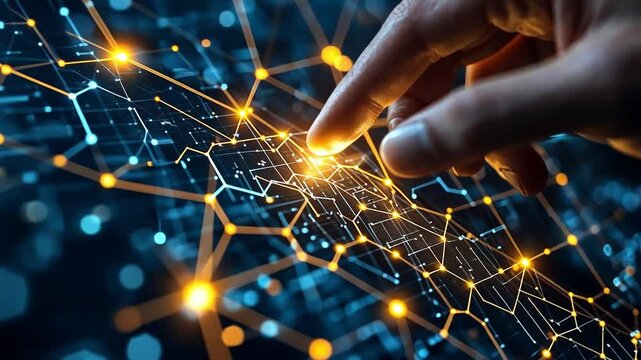 A hand interacting with a glowing digital network representation at night