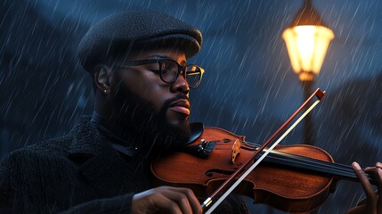 Fototapeta premium A musician plays the violin under a streetlamp in the rain, creating a moody, artistic atmosphere.