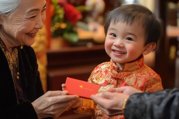 A close-up of a child receiving a red envelope (hongbao) from grandparents, with smiles and blessings being exchanged.