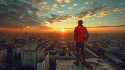 Fototapeta premium Man on rooftop at sunrise, overlooking city skyline.