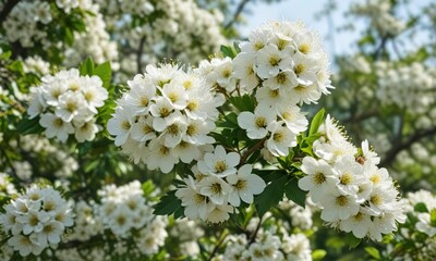 Cluster of white hawthorn flowers in full bloom, springtime, botany, natural, close-up