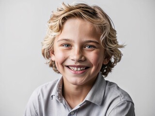 A boy wearing a casual shirt smiling, studio portrait- boy model photography