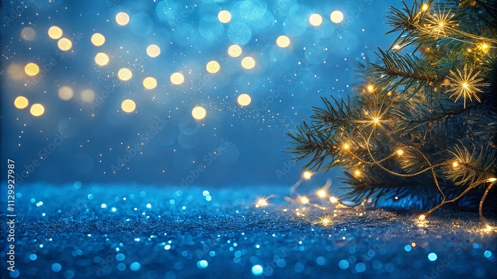 Poster a christmas tree is lit up with lights and is surrounded by a blue background