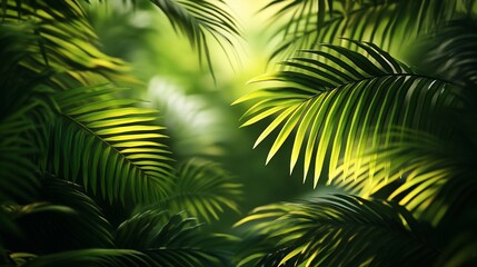 Lush green palm leaves backlit by sunlight in a tropical jungle.