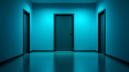 Three doors in a dimly lit blue hallway.