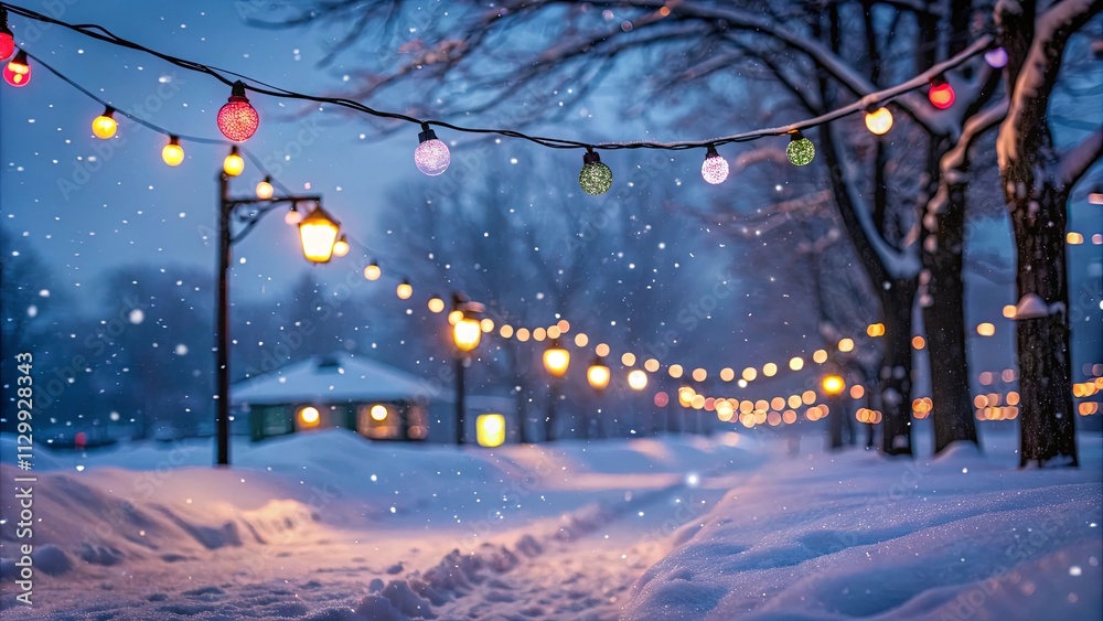 Poster a snowy path with lights hanging from trees