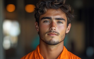 Portrait of a young man smiling in an orange shirt with soft lighting and neutral background