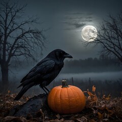 "Crow Perched on Glowing Pumpkin at Dusk with Full Moon and Eerie Fog"