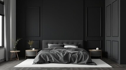 Minimalist bedroom with black and white color scheme, light gray accents on rugs, bedding, wall panels, and decor, color scheme, white