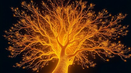 A digital tree of light with branching circuitry emerging from a microchip, symbolizing growth, innovation, and the fusion of technology on a dark background.

