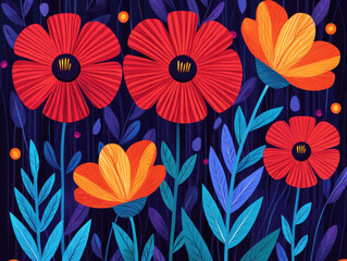 Obraz premium Vibrant flowers with intricate patterns on dark background