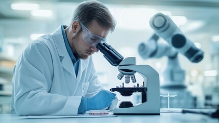 Scientist examines sample under microscope. Industrial robot arm works in background. Modern lab setting. Focus on precision, innovation. Research, development in action. Futuristic tech environment.