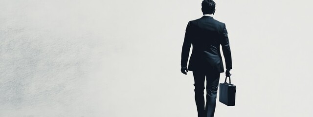 A man in a suit walking away, holding a briefcase, symbolizing professionalism and ambition.