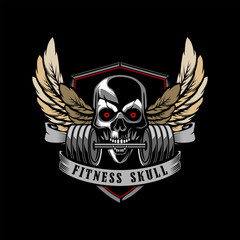 crossfit gym logo. illustration of a skull biting a barbell logo template