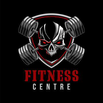 Fitness logo skull and cross weights vector illustration