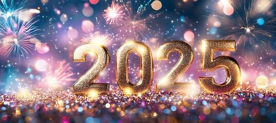 2025 New Year Celebration - Golden Numbers And Fireworks At Eve Night With Abstract Defocused Bokeh Lights,


