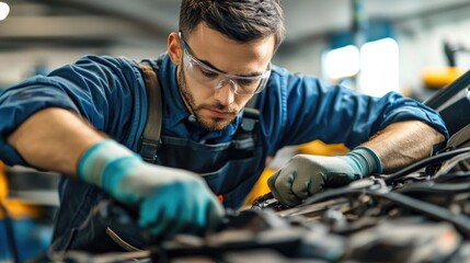 Obraz premium A mechanic working on a vehicle, focused on repairs with safety gear.