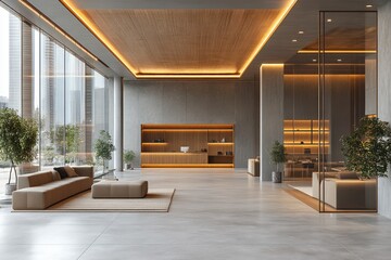 Fototapeta premium Bright modern office interior minimalist design with glass walls wooden accents concrete floor and large windows open space