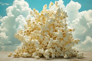 A massive pile of popcorn sits under a cloudy sky