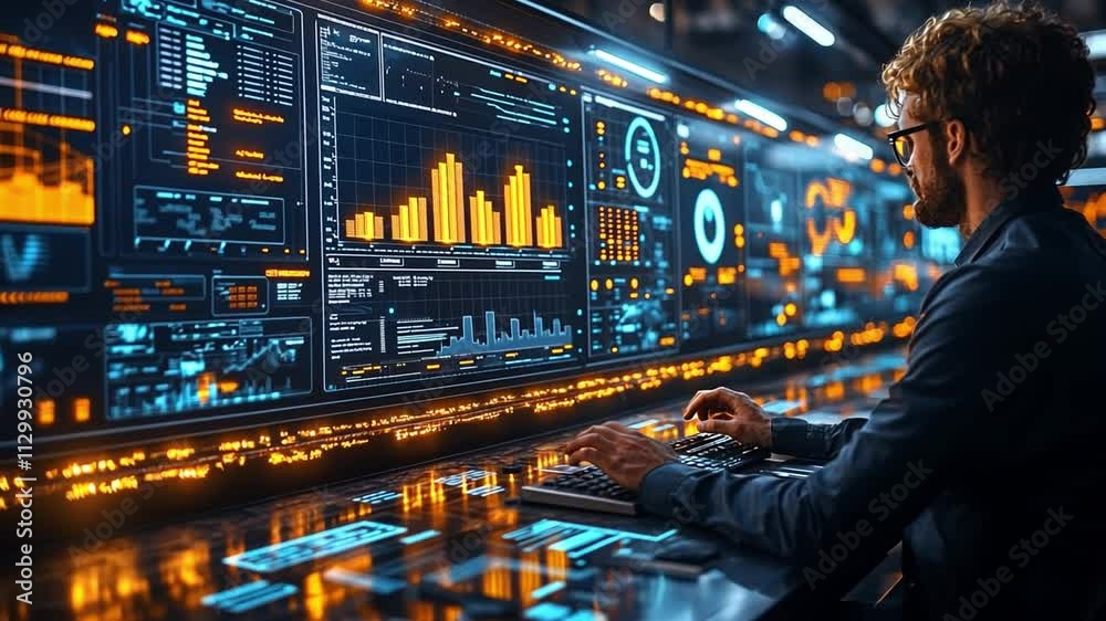 Poster professional analyzing data on multiple screens in a high-tech workspace during the evening