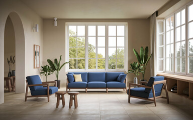 modern living room with a large blue sofa and two blue armchairs. The room has wooden , including a wooden coffee table and a bookshelf. There is a potted plant near the window