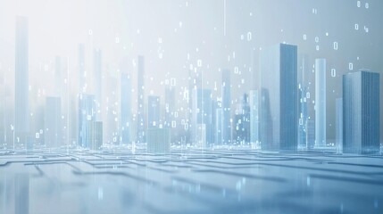A futuristic city in white and blue tones, with floating data streams in the environment
