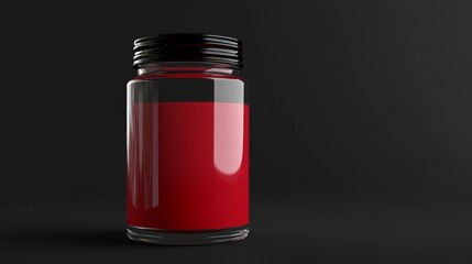 A dark, sleek glass jar filled with red liquid, set against a black background. The minimalist design and bold contrast between the jar and liquid make this image ideal for product displays