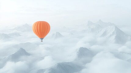 Obraz premium A minimalistic scene featuring a vibrant orange hot air balloon soaring over misty mountain peaks. The soft, cloudy atmosphere enhances the simple beauty of the floating balloon against the muted