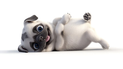 A cartoon pug is laying on the ground with its tongue out