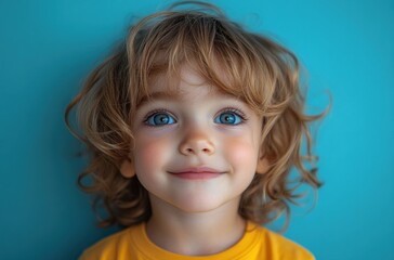 Naklejka premium Cheerful Child in Yellow Shirt on Blue Background