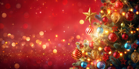 red christmas background decorated with christmas ornaments