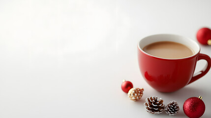 Red mug of coffee surrounded by festive ornaments including pine cones and baubles. Perfect for capturing the cozy and cheerful atmosphere of the holiday season.