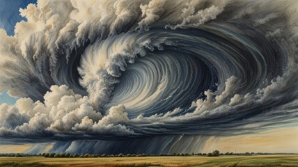 Dramatic Swirling Clouds Over Rural Landscape