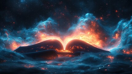 Futuristic Open Book of Knowledge Surrounded by Digital Data and Galaxies