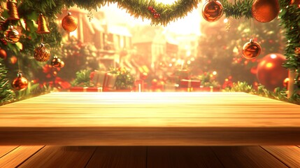 Wooden table against blurred Christmas background.