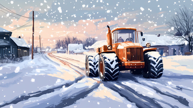 Having a good time on the winter road. tracktor tires on snowy alley at the start of the day. Drift. Illustration
