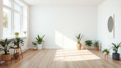 Fototapeta premium Minimalist interior with white wall, wooden floor, and two potted plants, modern, clean