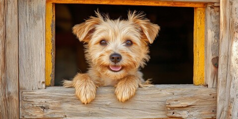 Adorable Rescue Dog in Rustic Wooden Window Pet Sanctuary