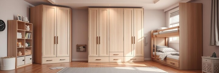 Minimalist kids bedroom with bunk bed and wardrobe clothes with mirror doors, children, wardrobe